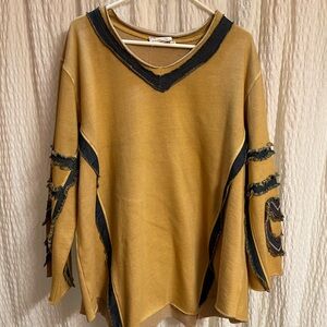 Relaxed V-Neck Sweater in Mustard Yellow with Contrasting Trim